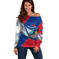 Liechtenstein Off Shoulder Sweater with Red Blue Mountain Landscape Design and Crown Emblem - Wonder Print Shop