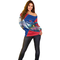 Liechtenstein Off Shoulder Sweater with Red Blue Mountain Landscape Design and Crown Emblem - Wonder Print Shop
