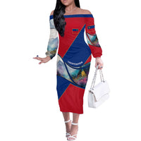Liechtenstein Off The Shoulder Long Sleeve Dress with Red Blue Mountain Landscape Design and Crown Emblem - Wonder Print Shop