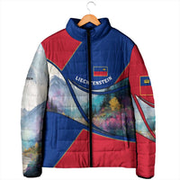 Liechtenstein Padded Jacket with Red Blue Mountain Landscape Design and Crown Emblem - Wonder Print Shop
