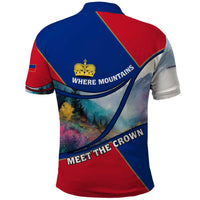 Liechtenstein Polo Shirt with Red Blue Mountain Landscape Design and Crown Emblem - Wonder Print Shop