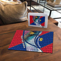 Liechtenstein Puzzle with Red Blue Mountain Landscape Design and Crown Emblem - Wonder Print Shop