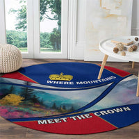 Liechtenstein Round Carpet with Red Blue Mountain Landscape Design and Crown Emblem - Wonder Print Shop