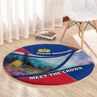 Liechtenstein Round Carpet with Red Blue Mountain Landscape Design and Crown Emblem - Wonder Print Shop