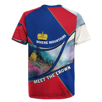 Liechtenstein Rugby Jersey with Red Blue Mountain Landscape Design and Crown Emblem - Wonder Print Shop