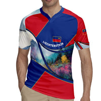 Liechtenstein Rugby Jersey with Red Blue Mountain Landscape Design and Crown Emblem - Wonder Print Shop
