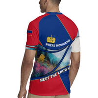 Liechtenstein Rugby Jersey with Red Blue Mountain Landscape Design and Crown Emblem - Wonder Print Shop