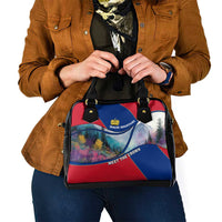 Liechtenstein Shoulder Handbag with Red Blue Mountain Landscape Design and Crown Emblem - Wonder Print Shop