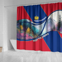Liechtenstein Shower Curtain with Red Blue Mountain Landscape Design and Crown Emblem - Wonder Print Shop