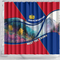 Liechtenstein Shower Curtain with Red Blue Mountain Landscape Design and Crown Emblem - Wonder Print Shop
