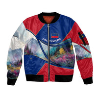 Liechtenstein Sleeve Zip Bomber Jacket with Red Blue Mountain Landscape Design and Crown Emblem - Wonder Print Shop