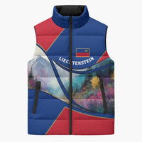 Liechtenstein Sleeveless Puffer Jacket with Red Blue Mountain Landscape Design and Crown Emblem - Wonder Print Shop
