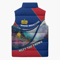 Liechtenstein Sleeveless Puffer Jacket with Red Blue Mountain Landscape Design and Crown Emblem - Wonder Print Shop