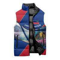 Liechtenstein Sleeveless Puffer Jacket with Red Blue Mountain Landscape Design and Crown Emblem - Wonder Print Shop