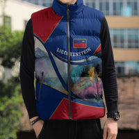Liechtenstein Sleeveless Puffer Jacket with Red Blue Mountain Landscape Design and Crown Emblem - Wonder Print Shop