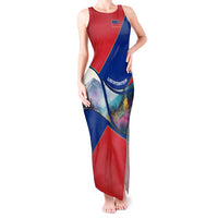 Liechtenstein Tank Maxi Dress with Red Blue Mountain Landscape Design and Crown Emblem - Wonder Print Shop