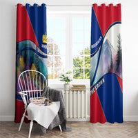 Liechtenstein Window Curtain with Red Blue Mountain Landscape Design and Crown Emblem - Wonder Print Shop