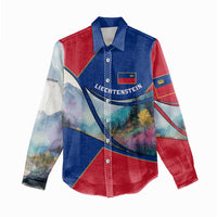 Liechtenstein Women Casual Shirt with Red Blue Mountain Landscape Design and Crown Emblem - Wonder Print Shop