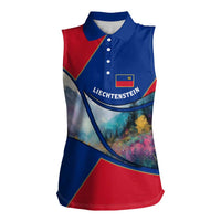 Liechtenstein Women Sleeveless Polo Shirt with Red Blue Mountain Landscape Design and Crown Emblem - Wonder Print Shop