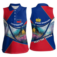 Liechtenstein Women Sleeveless Polo Shirt with Red Blue Mountain Landscape Design and Crown Emblem - Wonder Print Shop