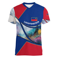 Liechtenstein Women V-Neck T-Shirt with Red Blue Mountain Landscape Design and Crown Emblem - Wonder Print Shop