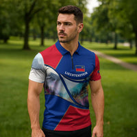 Liechtenstein Zipper Polo Shirt with Red Blue Mountain Landscape Design and Crown Emblem - Wonder Print Shop