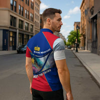 Liechtenstein Zipper Polo Shirt with Red Blue Mountain Landscape Design and Crown Emblem - Wonder Print Shop