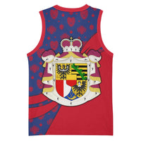 Liechtenstein Basketball Jersey with Red Blue Heart Design and Royal Coat of Arms Pattern - Wonder Print Shop