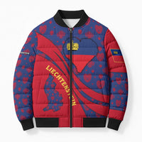 Liechtenstein Bomber Puffer Jacket with Red Blue Heart Design and Royal Coat of Arms Pattern - Wonder Print Shop