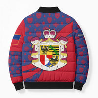 Liechtenstein Bomber Puffer Jacket with Red Blue Heart Design and Royal Coat of Arms Pattern - Wonder Print Shop