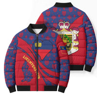 Liechtenstein Bomber Puffer Jacket with Red Blue Heart Design and Royal Coat of Arms Pattern - Wonder Print Shop