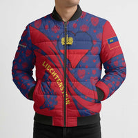 Liechtenstein Bomber Puffer Jacket with Red Blue Heart Design and Royal Coat of Arms Pattern - Wonder Print Shop