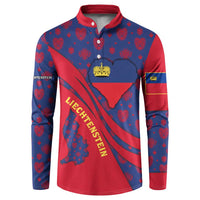 Liechtenstein Button Sweatshirt with Red Blue Heart Design and Royal Coat of Arms Pattern - Wonder Print Shop