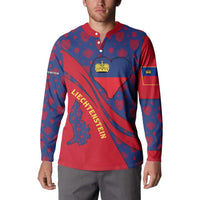 Liechtenstein Button Sweatshirt with Red Blue Heart Design and Royal Coat of Arms Pattern - Wonder Print Shop