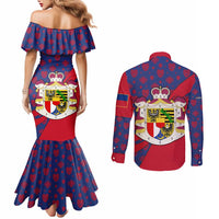 Liechtenstein Couples Matching Mermaid Dress and Long Sleeve Button Shirt with Red Blue Heart Design and Royal Coat of Arms Pattern - Wonder Print Shop