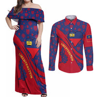 Liechtenstein Couples Matching Off Shoulder Maxi Dress and Long Sleeve Button Shirt with Red Blue Heart Design and Royal Coat of Arms Pattern - Wonder Print Shop