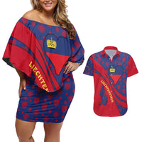 Liechtenstein Couples Matching Off Shoulder Short Dress and Hawaiian Shirt with Red Blue Heart Design and Royal Coat of Arms Pattern - Wonder Print Shop
