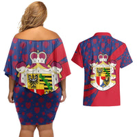 Liechtenstein Couples Matching Off Shoulder Short Dress and Hawaiian Shirt with Red Blue Heart Design and Royal Coat of Arms Pattern - Wonder Print Shop