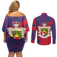 Liechtenstein Couples Matching Off Shoulder Short Dress and Long Sleeve Button Shirt with Red Blue Heart Design and Royal Coat of Arms Pattern - Wonder Print Shop
