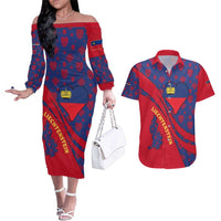 Liechtenstein Couples Matching Off The Shoulder Long Sleeve Dress and Hawaiian Shirt with Red Blue Heart Design and Royal Coat of Arms Pattern - Wonder Print Shop