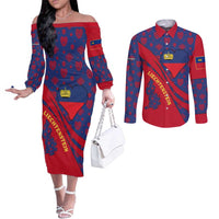 Liechtenstein Couples Matching Off The Shoulder Long Sleeve Dress and Long Sleeve Button Shirt with Red Blue Heart Design and Royal Coat of Arms Pattern - Wonder Print Shop