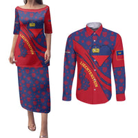 Liechtenstein Couples Matching Puletasi and Long Sleeve Button Shirt with Red Blue Heart Design and Royal Coat of Arms Pattern - Wonder Print Shop