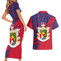 Liechtenstein Couples Matching Short Sleeve Bodycon Dress and Hawaiian Shirt with Red Blue Heart Design and Royal Coat of Arms Pattern - Wonder Print Shop