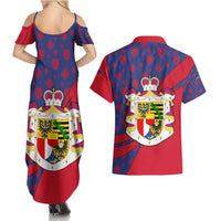 Liechtenstein Couples Matching Summer Maxi Dress and Hawaiian Shirt with Red Blue Heart Design and Royal Coat of Arms Pattern - Wonder Print Shop