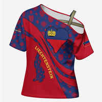 Liechtenstein Cross Shoulder Shirt with Red Blue Heart Design and Royal Coat of Arms Pattern - Wonder Print Shop
