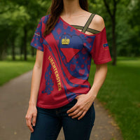 Liechtenstein Cross Shoulder Shirt with Red Blue Heart Design and Royal Coat of Arms Pattern - Wonder Print Shop