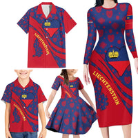 Liechtenstein Family Matching Long Sleeve Bodycon Dress and Hawaiian Shirt with Red Blue Heart Design and Royal Coat of Arms Pattern - Wonder Print Shop