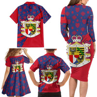 Liechtenstein Family Matching Long Sleeve Bodycon Dress and Hawaiian Shirt with Red Blue Heart Design and Royal Coat of Arms Pattern - Wonder Print Shop