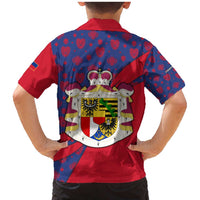Liechtenstein Family Matching Mermaid Dress and Hawaiian Shirt with Red Blue Heart Design and Royal Coat of Arms Pattern - Wonder Print Shop