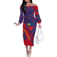 Liechtenstein Family Matching Off The Shoulder Long Sleeve Dress and Hawaiian Shirt with Red Blue Heart Design and Royal Coat of Arms Pattern - Wonder Print Shop